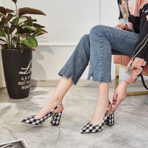 WOMEN'S GINGHAM STILETTO HEELS SANDALS SLING BACK - Picture 2 of 3